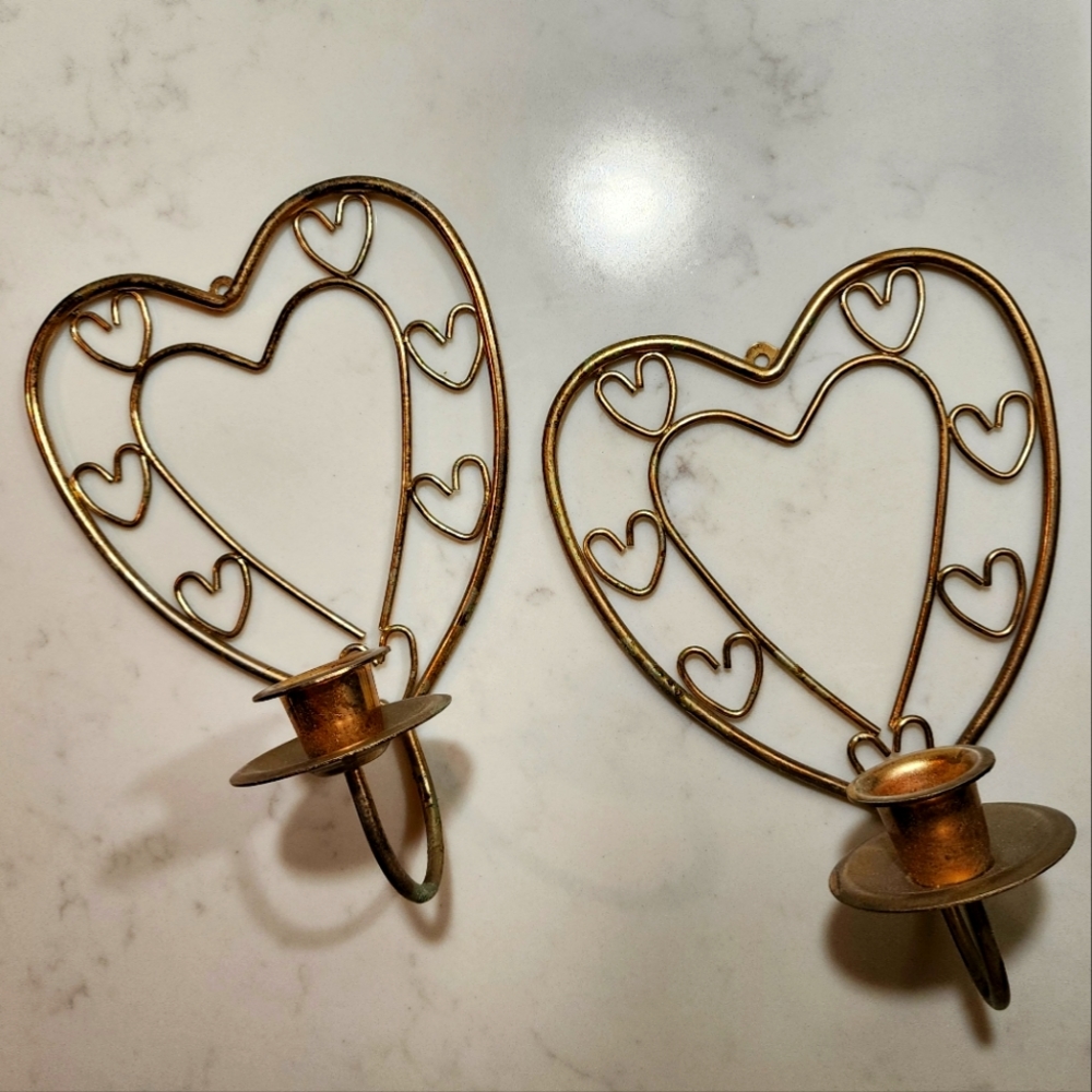 Set of two bronze color heart shaped wall sconce candle holder